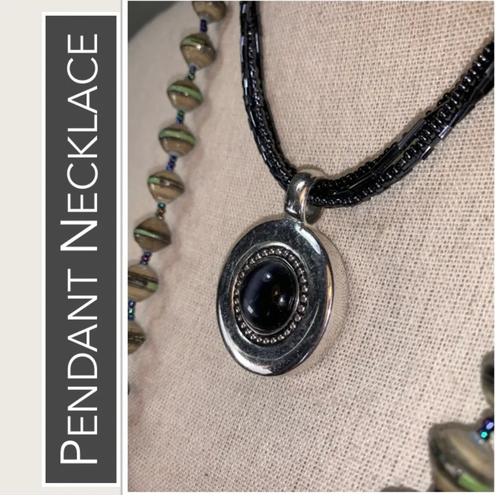 5-Strand Pendant Necklace,‎ Silver-tone Pendant Inlaid Black Stone & Bead Detail
